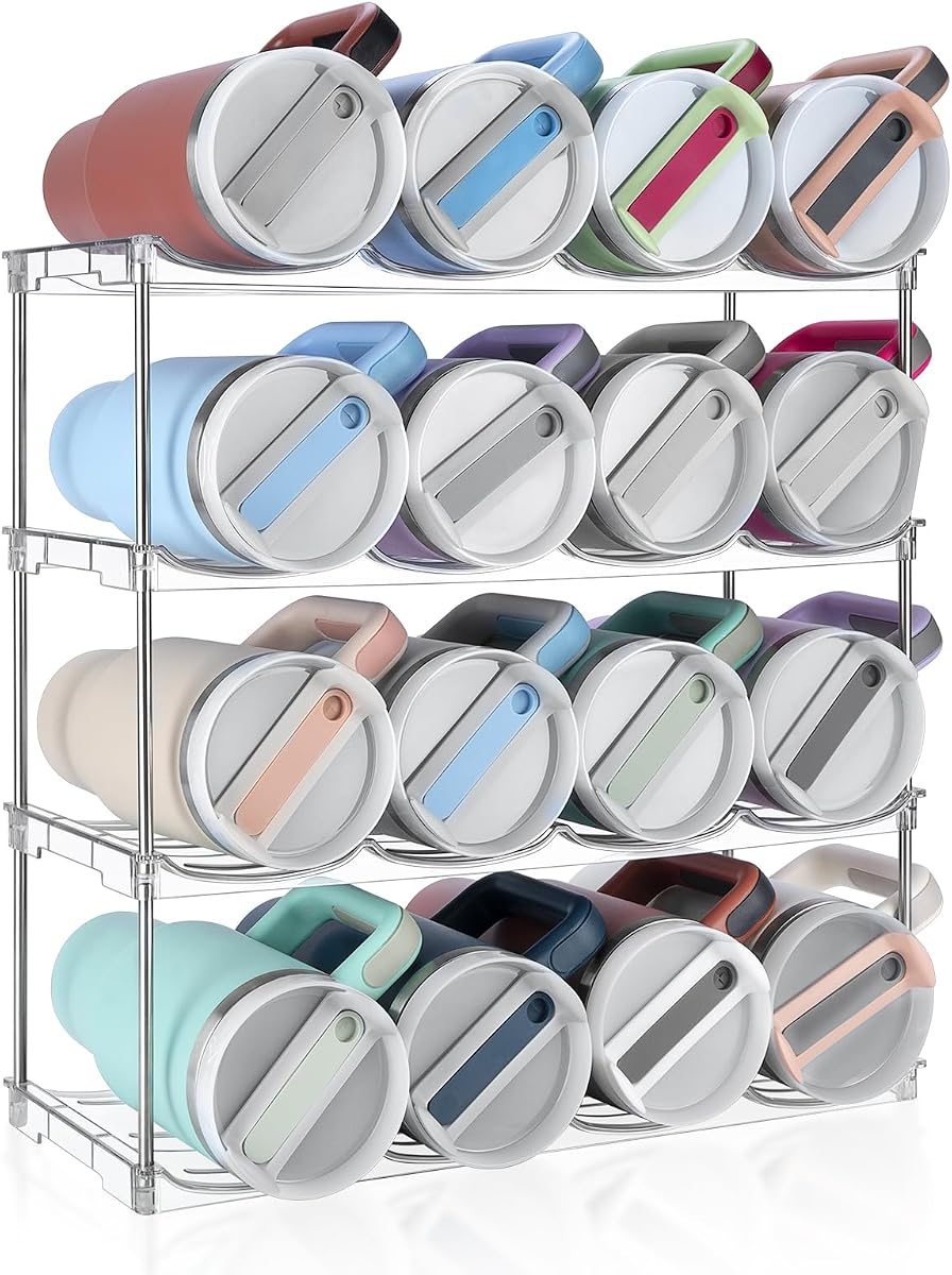 Stackable Water Bottle Organizer Large Compartment Water Bottle Holder | Tumbler Organizer for Stanley 40 oz Cup, Kitchen Cabinet Storage Organizer for Stanley Cup Accessories, 4 Tier Hold 16 Bottle