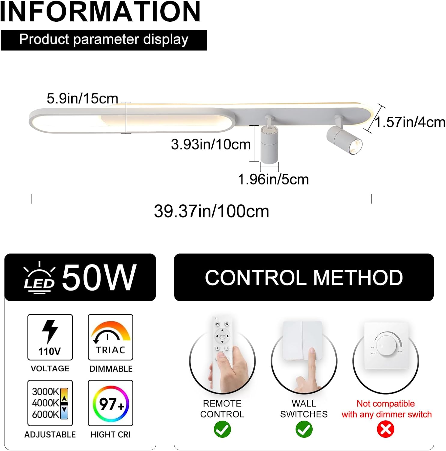 39.3Inch Dimmable LED Ceiling Light with 2 Spotlights Modern LED Ceiling Light with Remote Long Linear Ceiling Lamp for Kitchen Bedroom Office Laundry Room White/50W