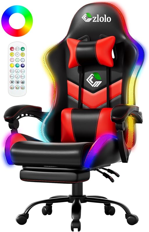 Czlolo Gaming Chair, RGB LED Lights Computer Chair with Footrest, Lumbar Support Massager Gamer Chair, High Back, 90-135° Reclining, Linkage Armrests, Crimson