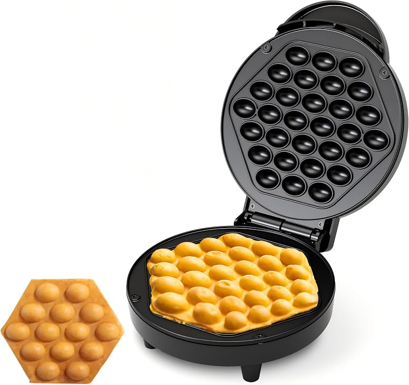 Bubble Waffle Maker- Electric Non stick Hong Kong Egg Style Design, 7" Round Waffler Iron Griddle - Ready in under 5 Minutes (1000W, Black)