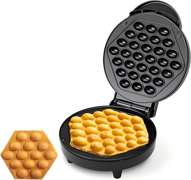 Bubble Waffle Maker- Electric Non stick Hong Kong Egg Style Design, 7" Round Waffler Iron Griddle - Ready in under 5 Minutes 1000W, Black