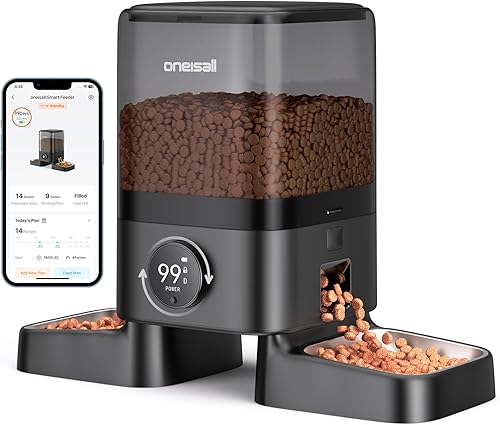 oneisall Alimentador automático inalámbrico WiFi para gatos para 2 gatos, alimentador automático recargable de 100 días con pilas, dispensador