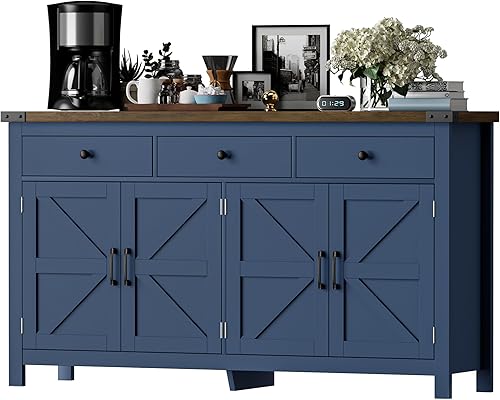 Miniatura 16 de Gabinete Buffet con Almacenamiento Estilo Granja con 4 Puertas y 2 Cajones, Gabinete de Almacenamiento de Cocina Grande de 55'' Madera Azul Barra de