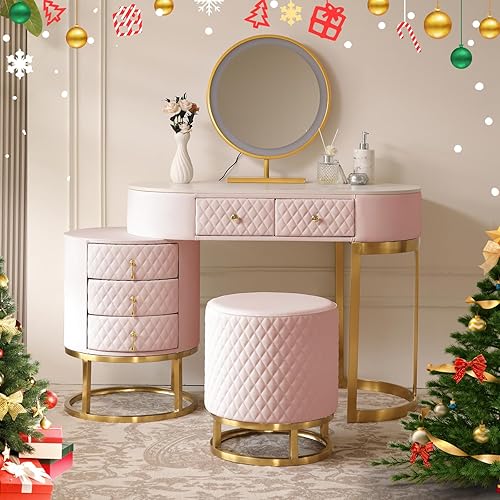 Faux Leather Makeup Vanity Desk Set with LED Lighted Mirror Luxury Dressing Makeup Table with Storage Drawers & Vanity Stool, Pink