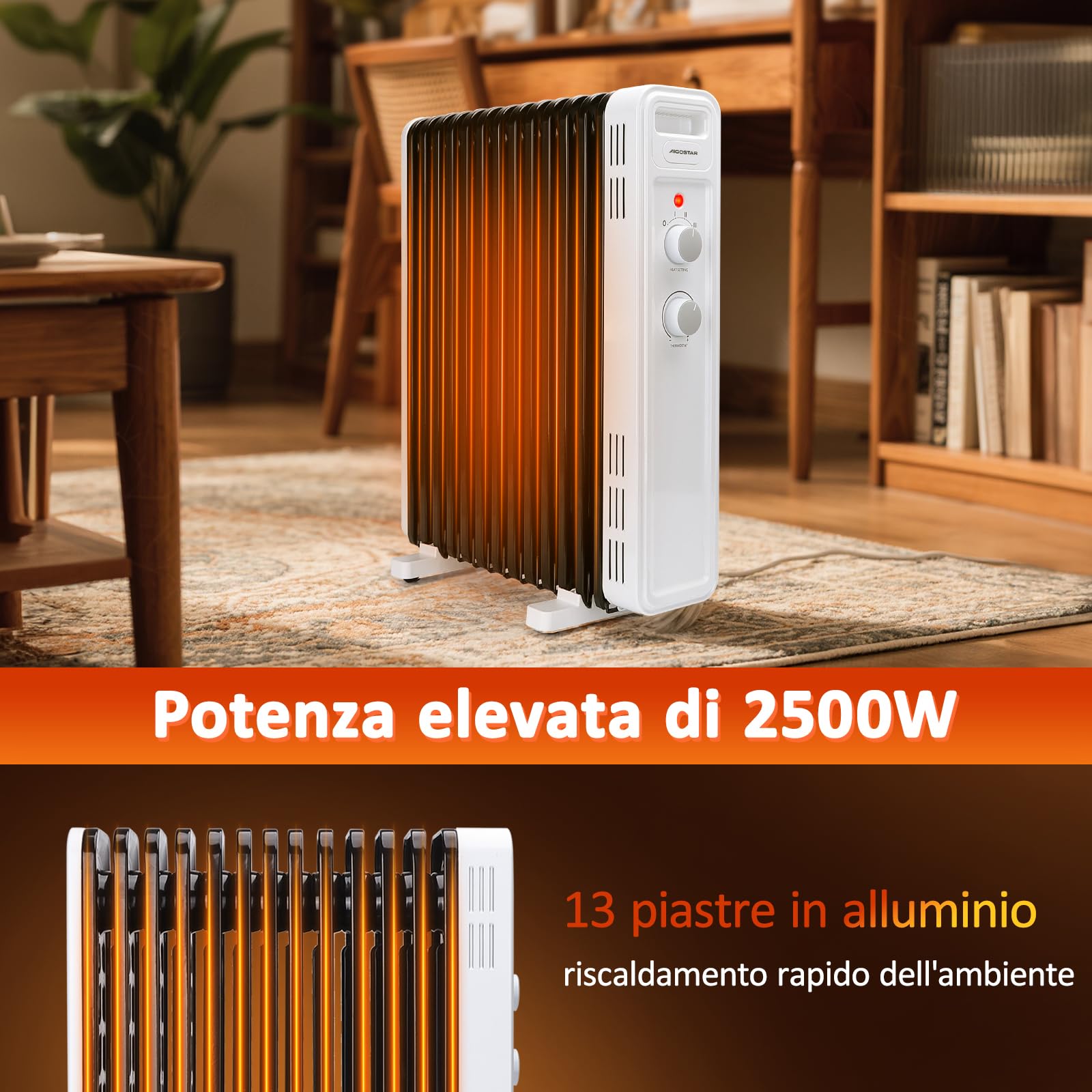 Aigostar Hubery - Radiatore ad olio portatile da 2500W. Radiatore elettrico 13 elementi, 3 livelli di riscaldamento, termostato regolabile e protezione a funzione di spegnimento