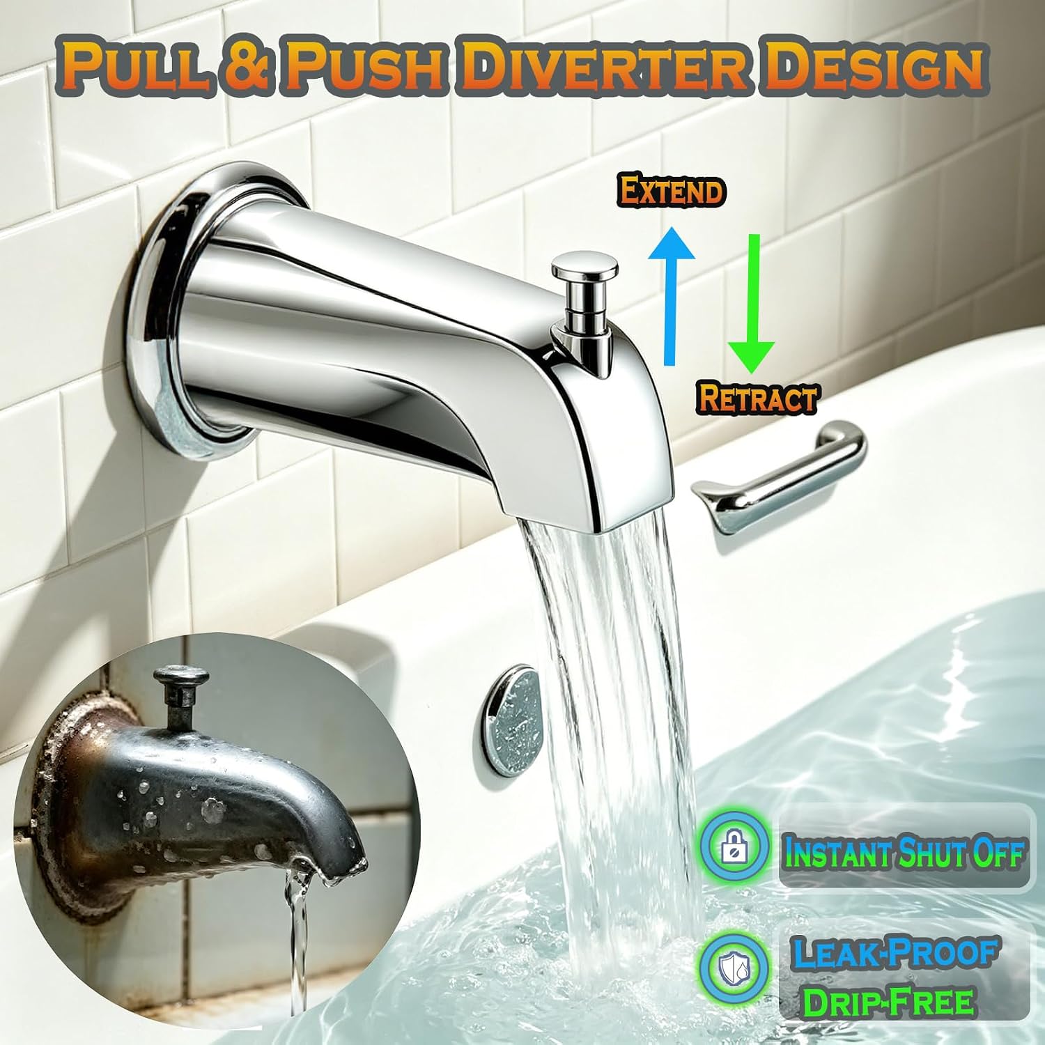 Universal Bathtub Tub Spout w/Diverter (Chrome), 1/2" Slip-Fit Copper Pipe, 1/2" 3/4" IPS Thread, Tub Faucet Replacement Kit with Adapters, PTFE Tape, Hex Wrench & Black Gloves