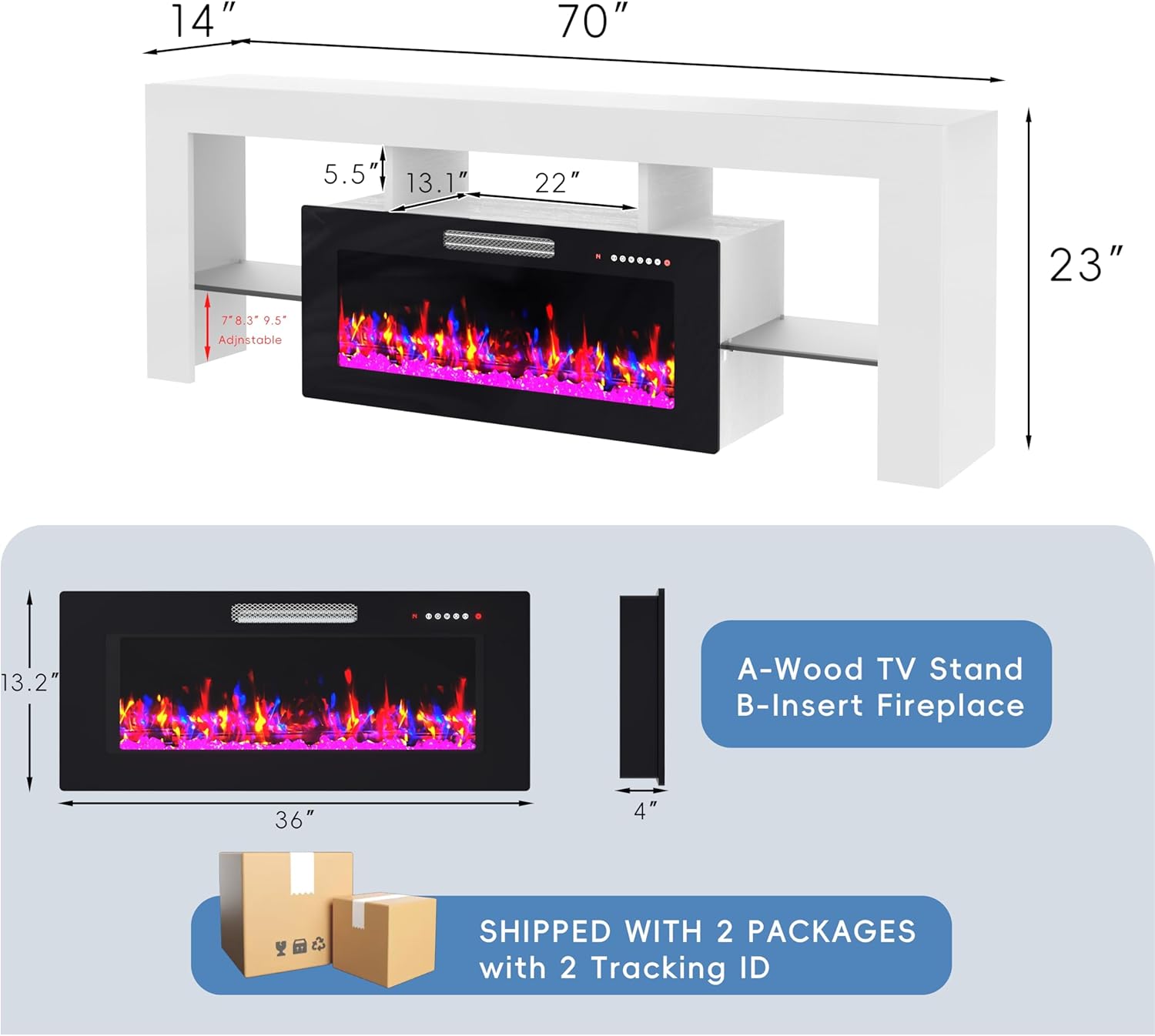 TOLEAD 70" Fireplace TV Stand for TVs Up to 80", High Gloss Entertainment Center with 36" Electric Fireplace Heater, 7 Color LED Strip and Adjustable Glass Shelves for Living Room (White)