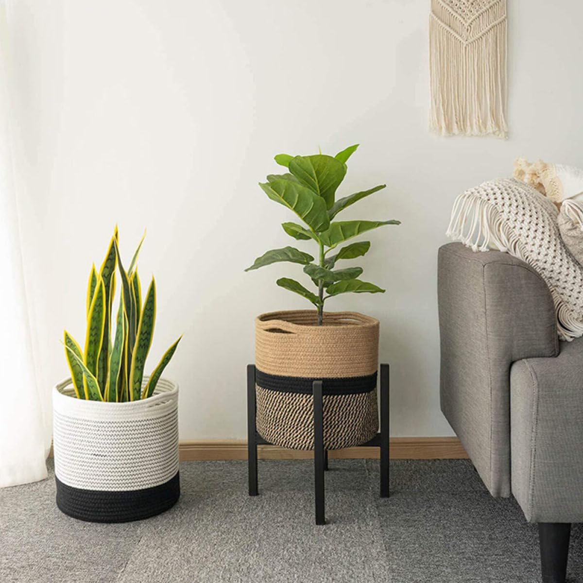 KICHOUSE Cesta de Almacenamiento Redonda de 30 Cm, Cesta Organizadora de Algodón Trenzado en Amarillo y Negro para Ropa Sucia y Artículos del Hogar, Contenedor Práctico para Baño