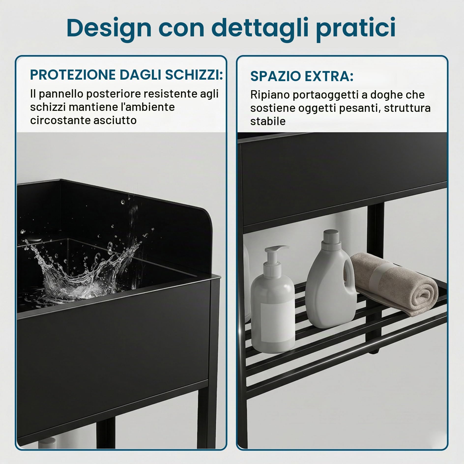 Lavandino Inox con Mobiletto, Lavatoio da Esterno e Giardino Autoportante con Paraspruzzi su 3 Lati, Vasca Lavanderia Altezza 92cm con Miscelatore, Lavello per Garage, Officina(60 x 45 x 92cm)