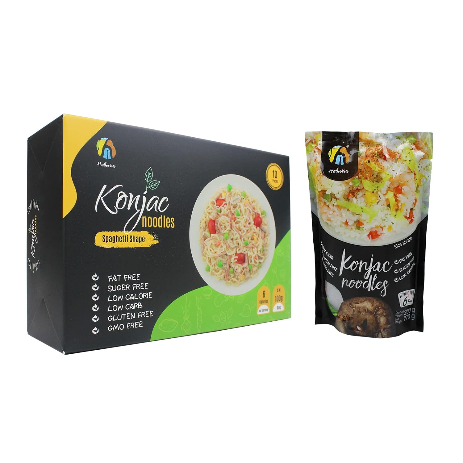 Hethstia 16 Packs Konjac Noodle Diet Spaghetti (5 oz, Pack of 10) and Shirataki Rice (9.52 oz, 6-Pack) Paleo-Friendly, Sugar Free, Gluten-Free, Low Calorie and Vegan