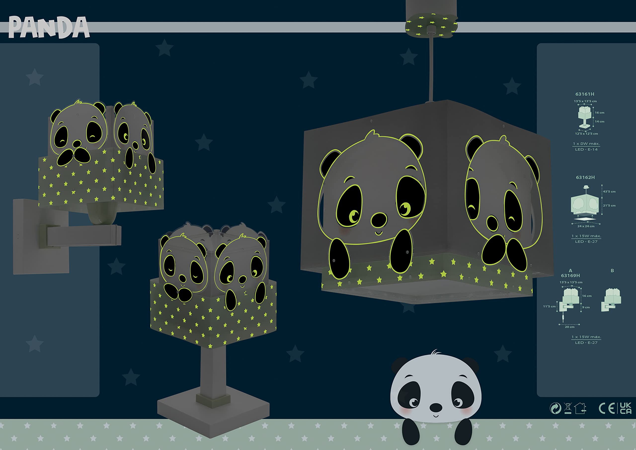 Dalber kinder Wandlampe, Kinderlampe Wandleuchte kinderzimmer Wolken tiere Pandabär Panda Grün, 63169H, E27