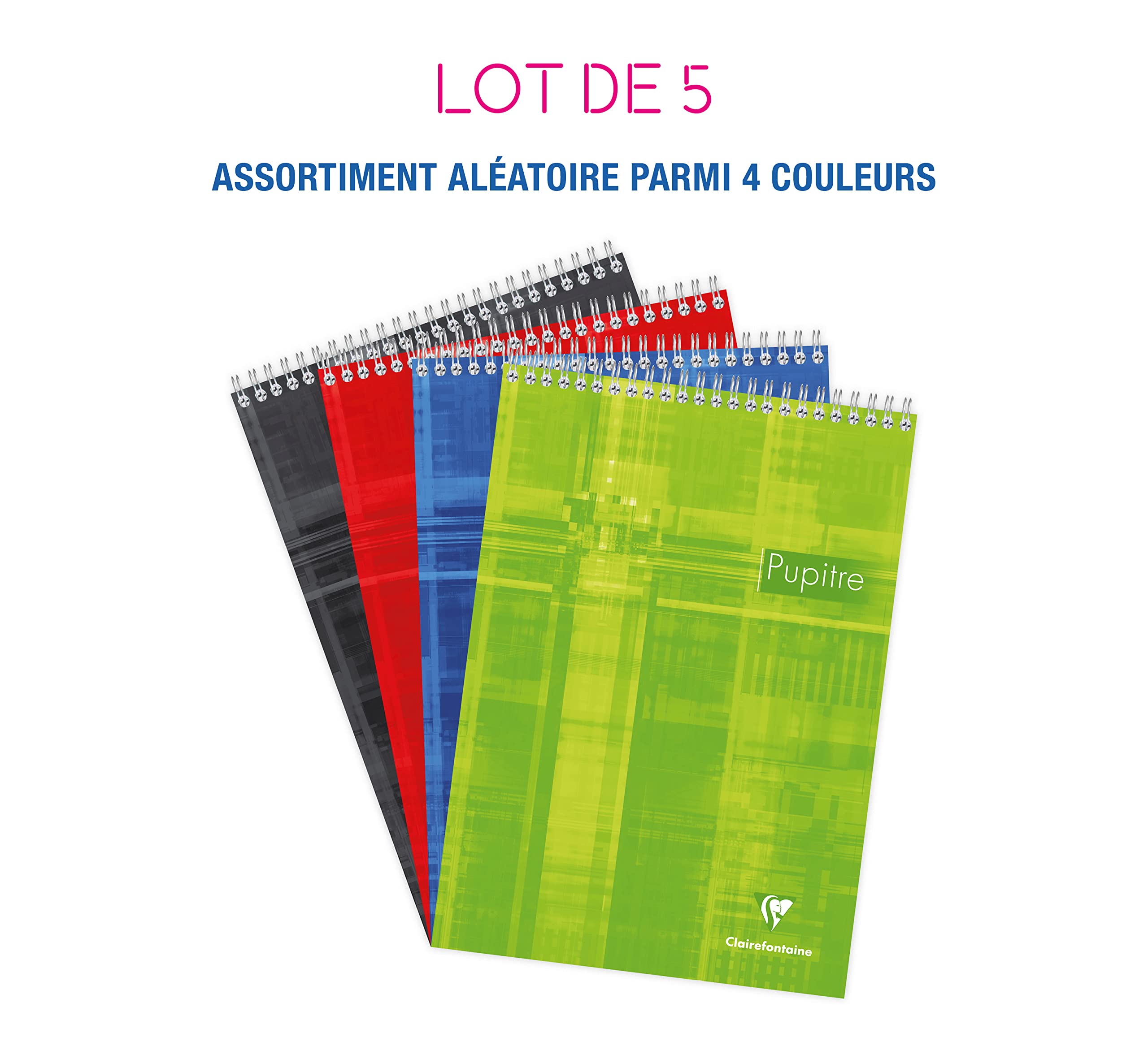 Clairefontaine 8150C Lot de 5 Blocs Pupitre à Spirale en-Tête - A4 21x29,7 cm - 160 Pages Détachables Unies Blanches - Papier Blanc 90 g - Couverture Carte Pelliculée - Couleurs Aléatoires
