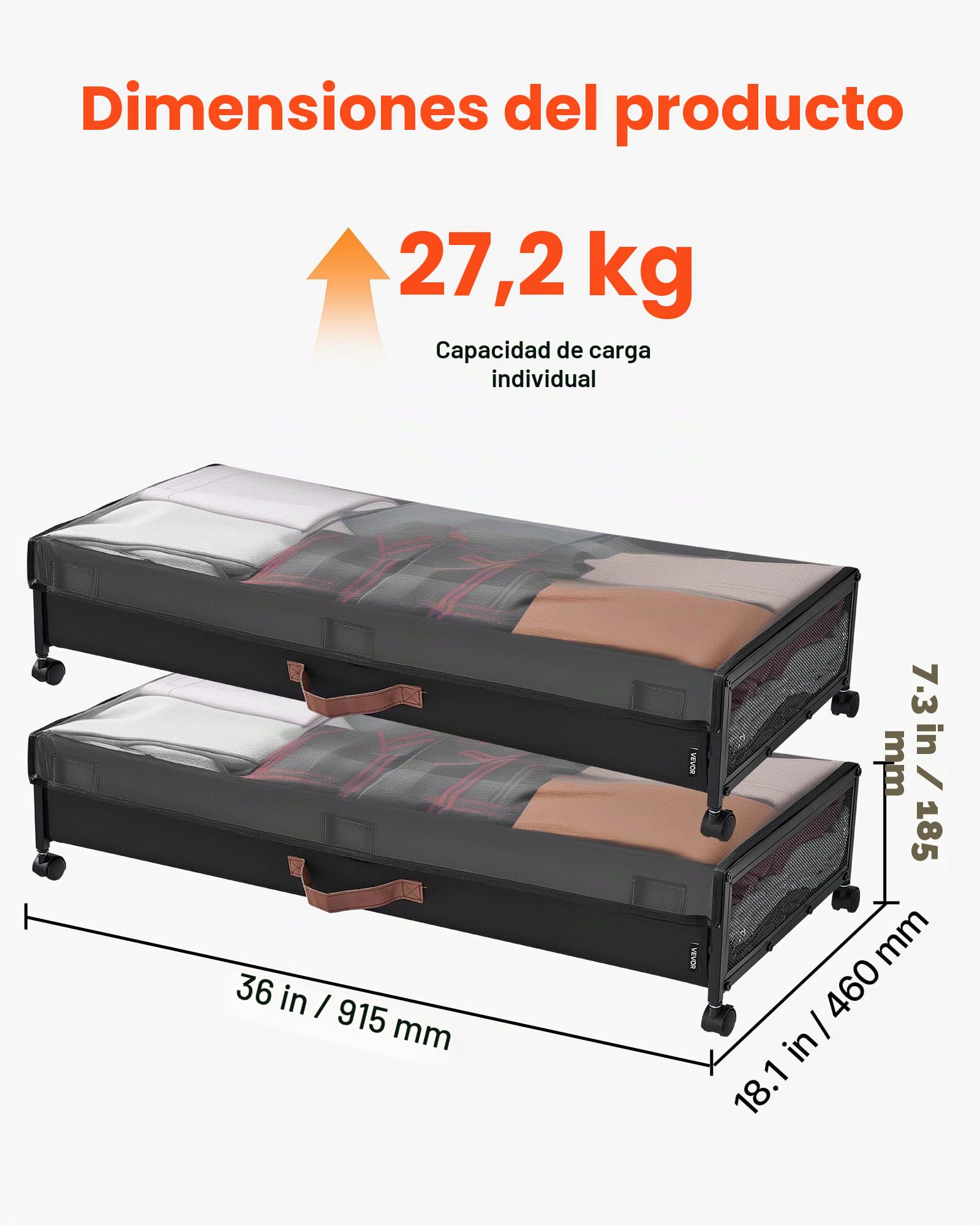 VEVOR Contenedor de Almacenaje para Debajo de Cama con Ruedas 91,5 x 46 x 18,5 cm 2 Piezas Bolsa Bajo Cama con Tapa Transparente Organizador de Ropa, Zapatos, Mantas para Dormitorios, Salas de Estar