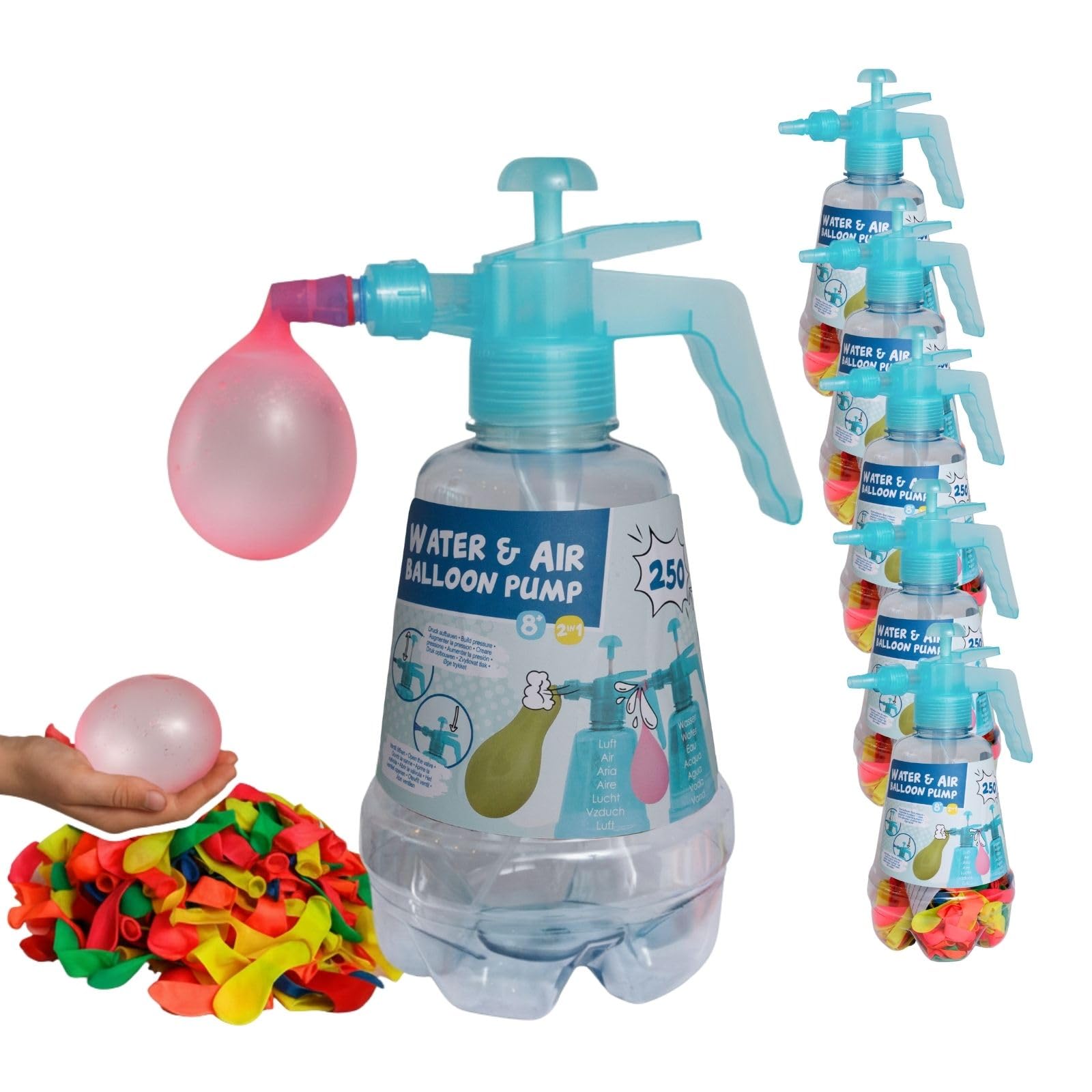 alldoro Ballonpumpe mit Wasserbomben 6er Set, inkl. 1500 Ballons | Partyspielzeug, 2in1 für Wasser & Luft, 6 Wasserbombenpumpen je 1,5L + 1.500 bunte Ballons, für Kinder ab 8 Jahre