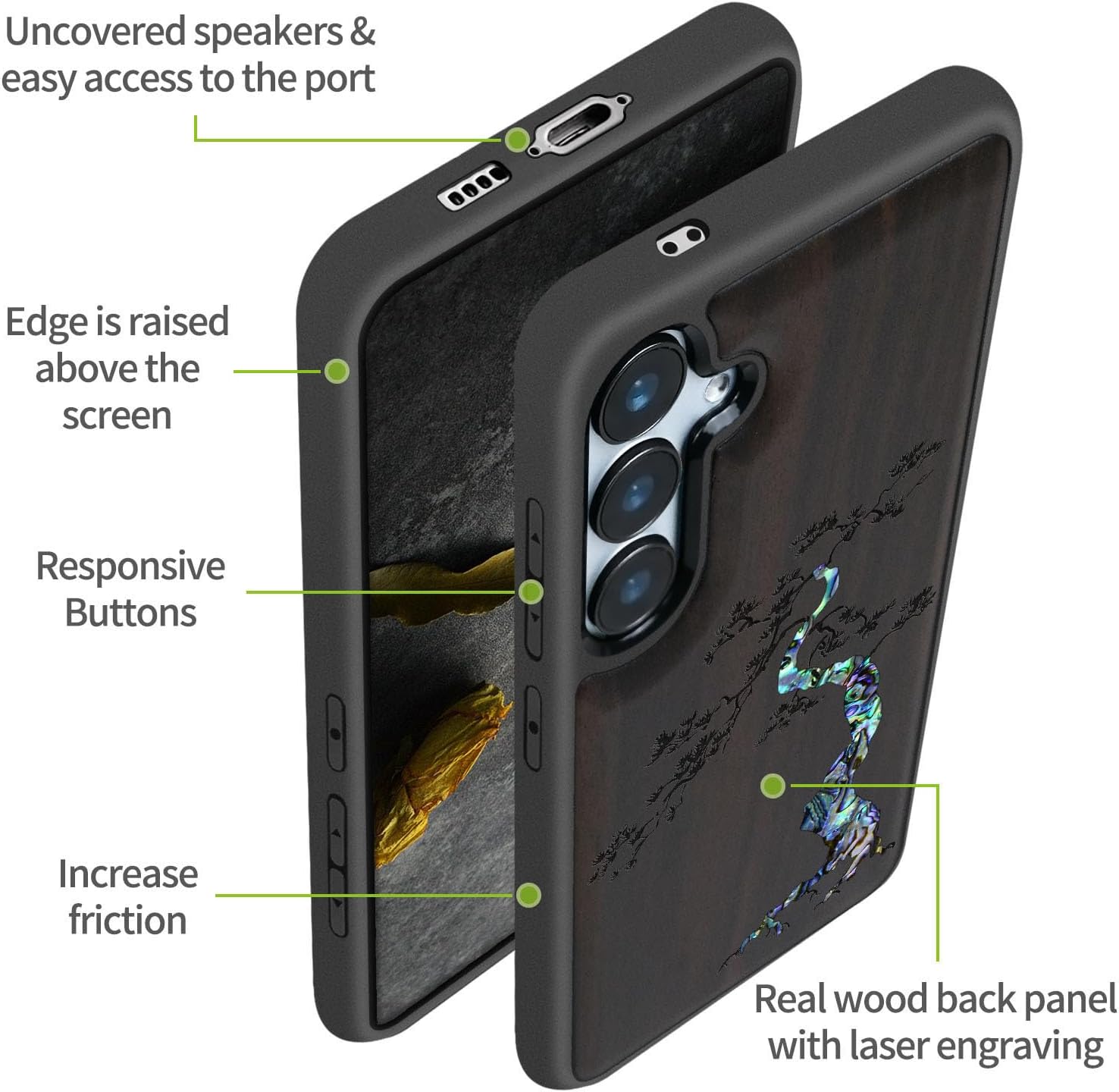 Carveit Designer Wooden Case for Samsung Galaxy S24 FE Case [Wood Engraving & Shell Inlay] Compatible with Wireless Chargers S24 FE Cover (Majestic Pine Tree-Blackwood)