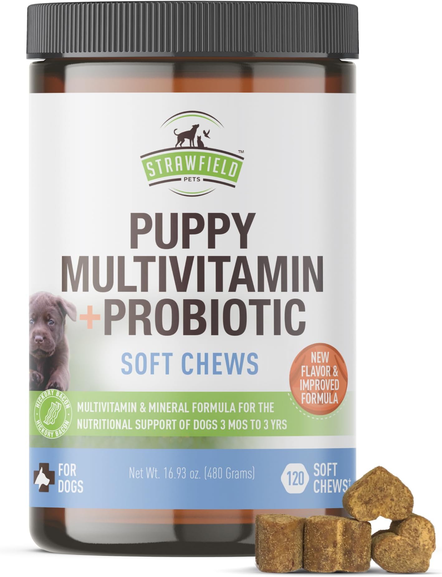 Puppy Multivitamin + Probiotics for Dogs Puppy Vitamins with Joint Support Supplement for Dogs & Puppies Tasty Bacon Flavor 120 Soft Chews