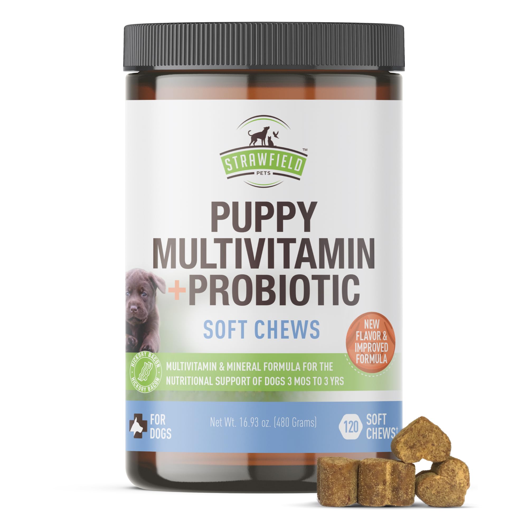Puppy Multivitamin + Probiotics for Dogs Puppy Vitamins with Joint Support Supplement for Dogs & Puppies Tasty Bacon Flavor 120 Soft Chews