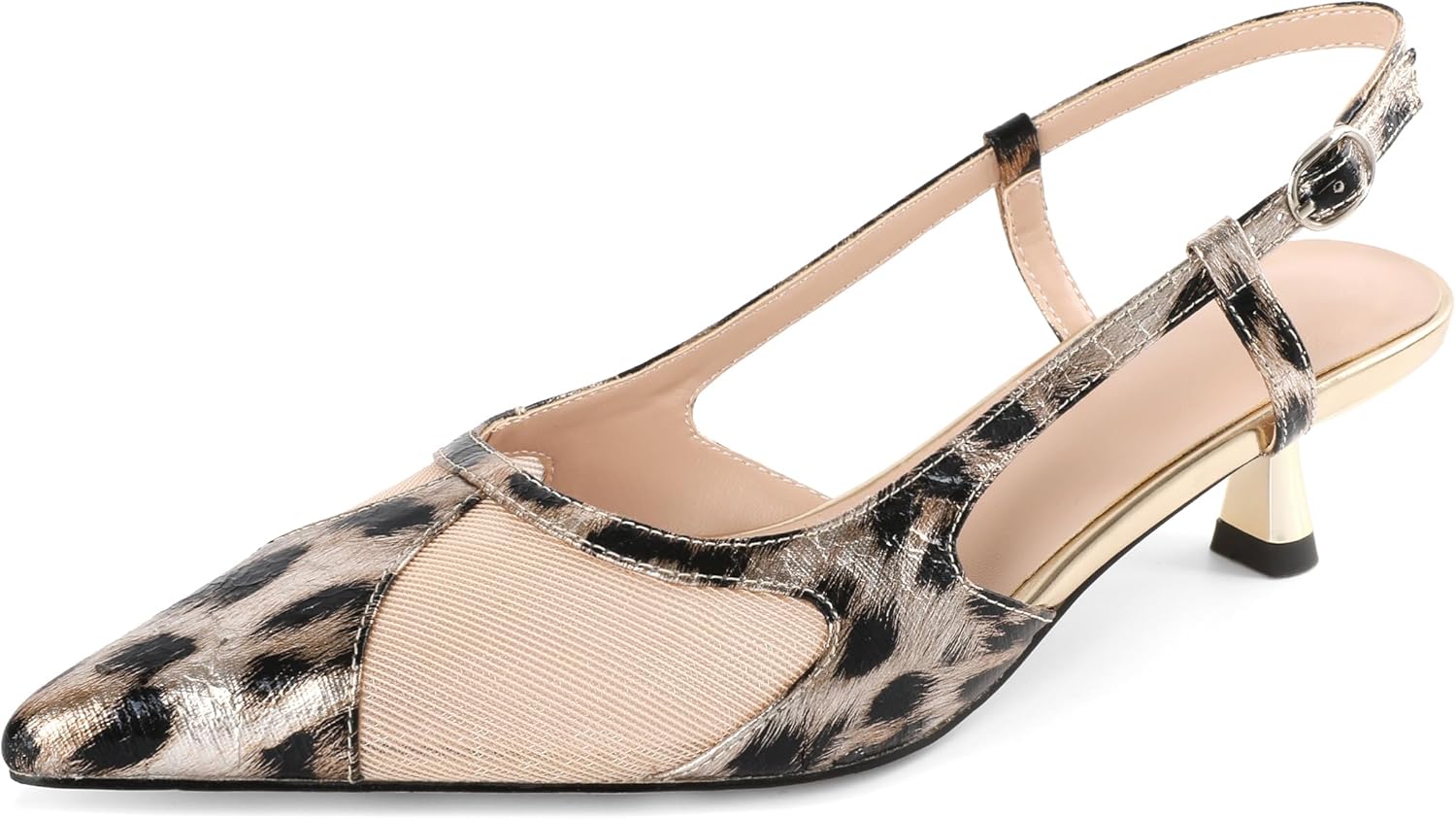 Joseywade Leopard Slingback Heels Women's Pointed Toe Kitten Heels Mesh Dress Shoes
