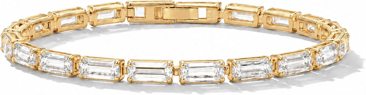 SWEET PEEPS 18K Gold Plated Emerald Cut Cubic Zirconia Classic Tennis Bracelet for Women, Gold Bracelets For Woman, Stackable Gold Jewelry Gift for Her