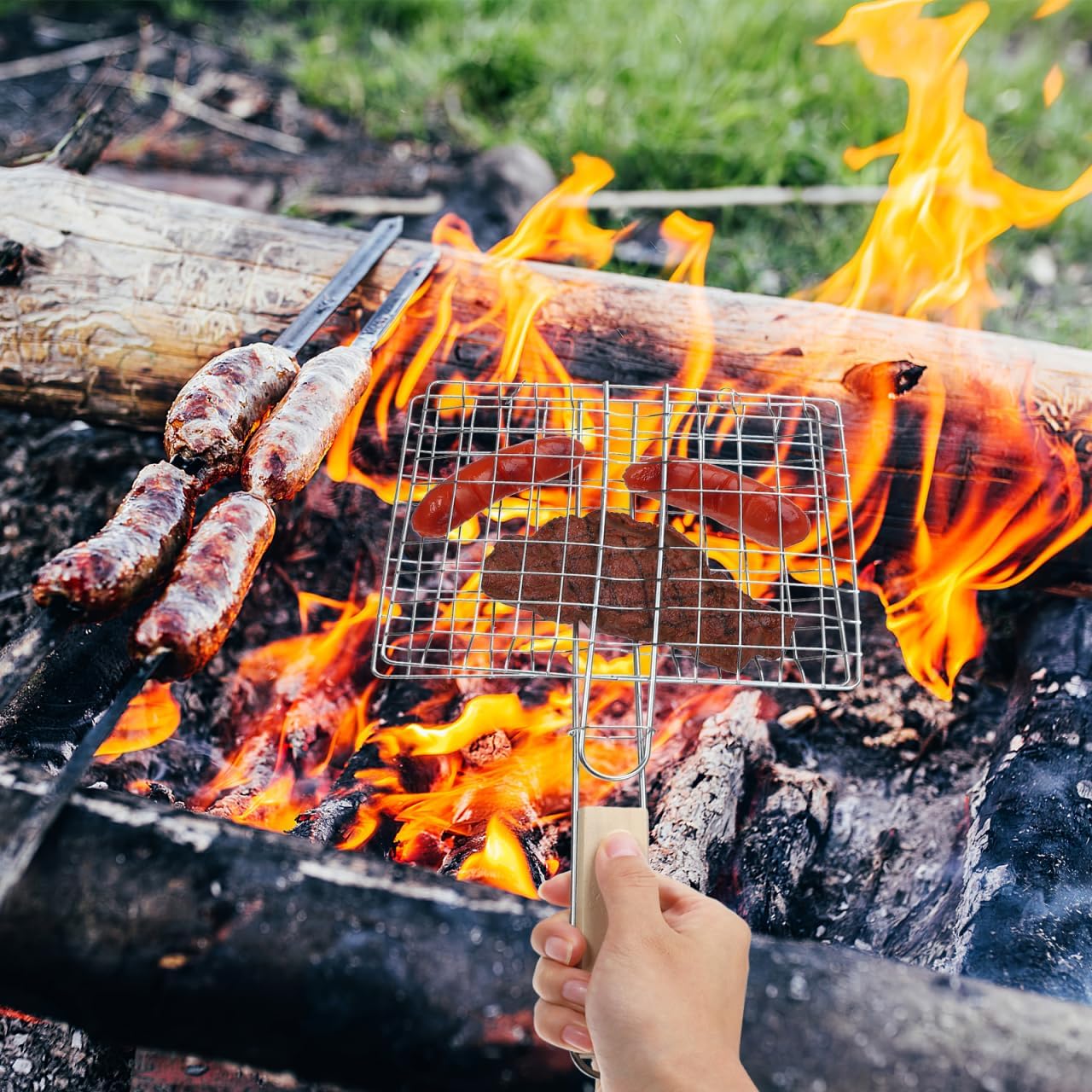 Stainless Steel Barbecue Rack 15X8.7 Inch Grill Basket with Wooden Handle 2Pcs Outdoor BBQ Cooking Tool for Patio Picnic Grilling Steak and Vegetables