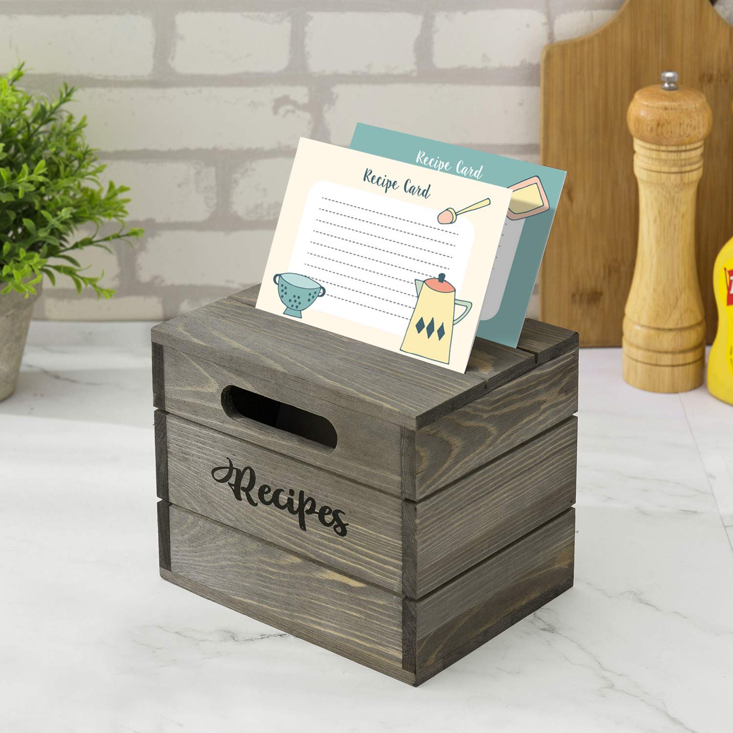 MyGift Vintage Gray Solid Wood Recipe Card Holder Box with Burnt Wooden Label Divider Tabs - Holds 4x6 Cards