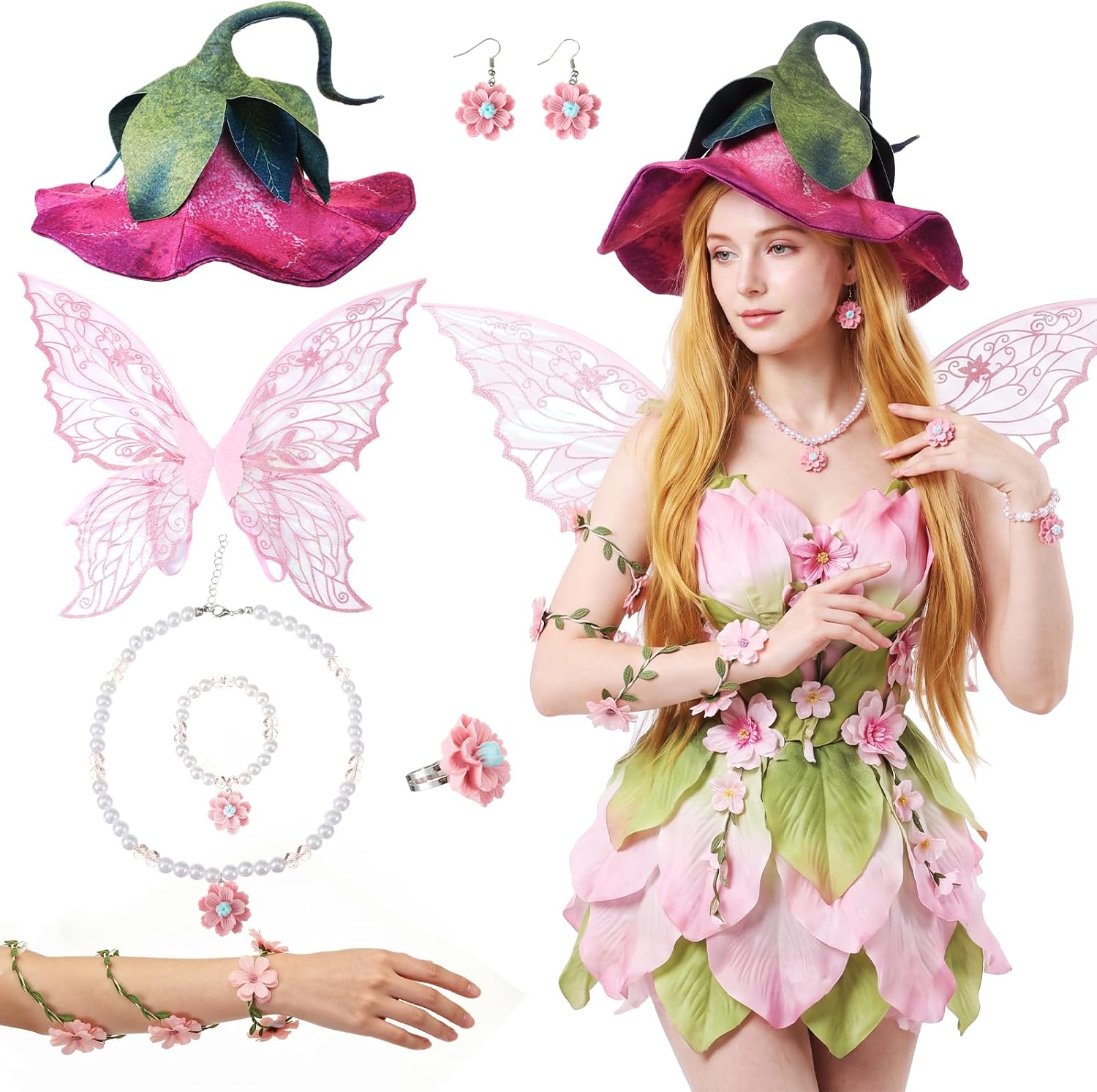 Unittype 7 Pcs Pink Fairy Accessories Set for Women Adult, Woodland Elf
