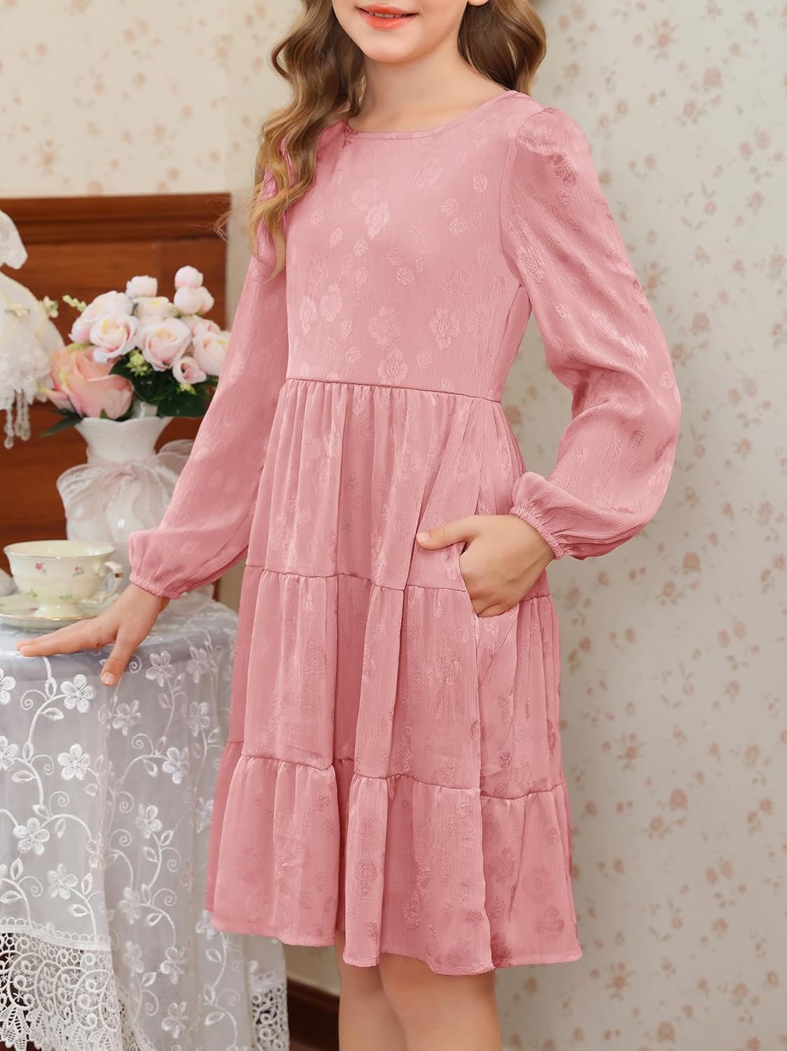 YOVION Girls Fall Long Sleeve Dress Ruffle Tiered A-Line Formal Wedding Party Dresses with Pockets for 6-12 Years - Image 4