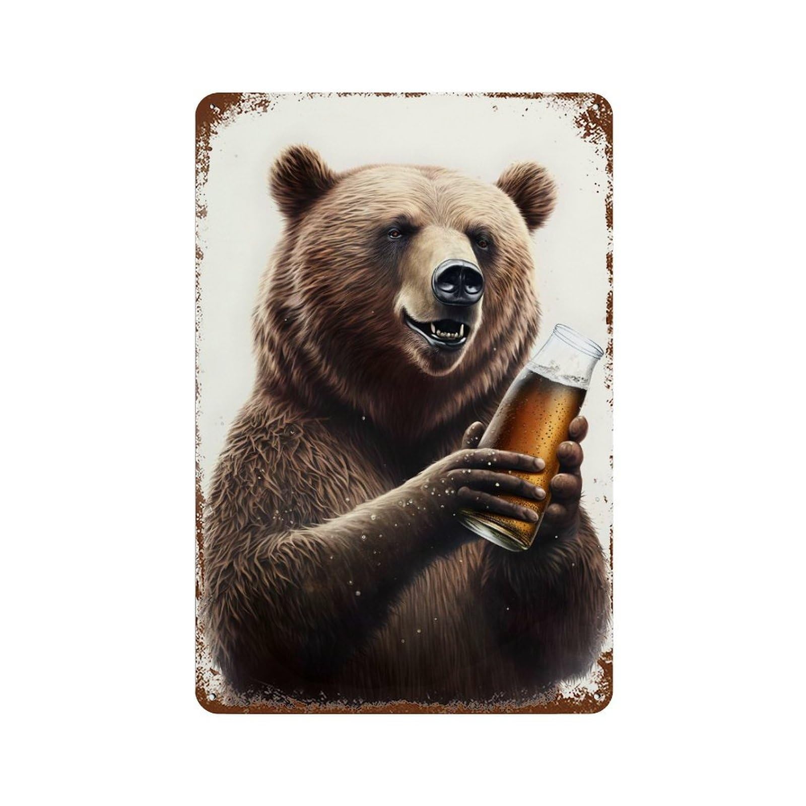Rust Effect Bear And Beer Rustic Tin Plaque 11.8"x7.9", Shabby Chic Decor for Basement, Hobby Room And Garage Decor