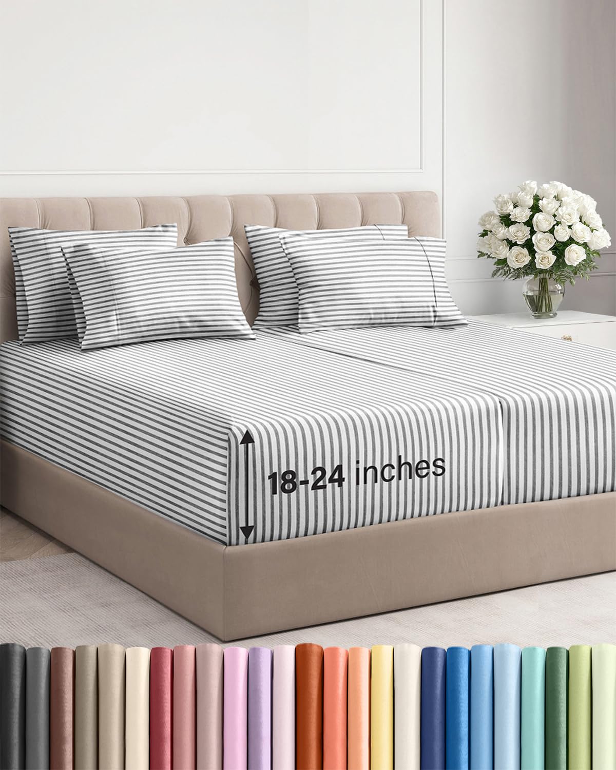 Extra Deep Split King Sheet Set - 7 Piece Cooling Bed Sheets - Grey Stripes โ image 1
