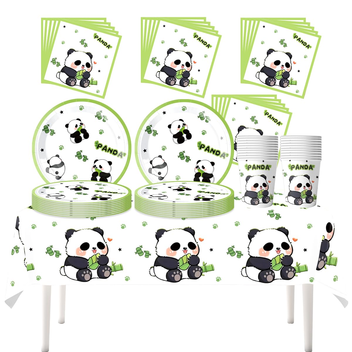 Fuwraixis Adorable Panda party tableware, 61 piece Animals theme Birthday tableware, panda party supplies set, Includes paper cups, plates, napkins and tablecloths(20 guests)