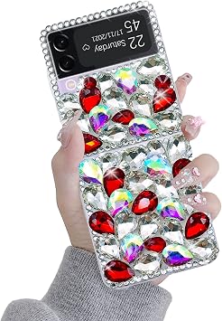 Omio for Galaxy Z Flip 3 5G Case Sparkle, 3D Handmade Sparkle Stunning Stones Crystal Diamond Bling Glitter Hard PC Phone Cover for Women Girls, Red