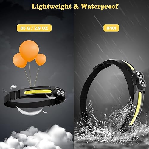 Miniatura 6 de MoKo Linterna frontal LED recargable, 2 unidades, lámpara de cabeza de haz ancho de 300, 750 lúmenes, 14 modos, luces de cabeza, energía de espera