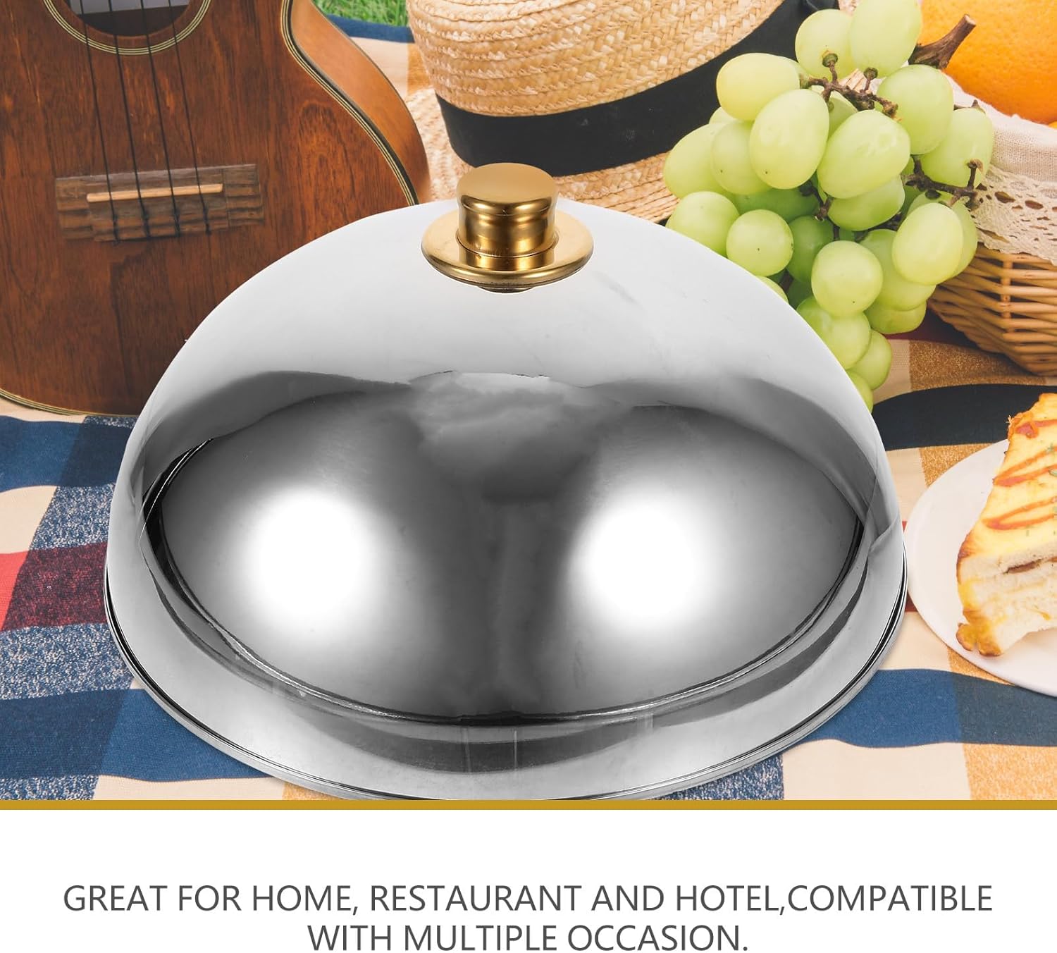 Stainless Steel Dome Food Cover 12.5 Inch with Golden Bead Handle, Food Plate Cover for Home and Restaurant, Dustproof and Flyproof Serving Dish Lid