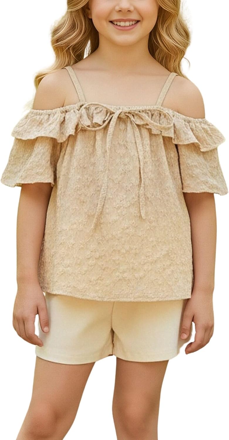 HIHA Girls Off The Shoulder Ruffle Shirts Short Set Size 6-12