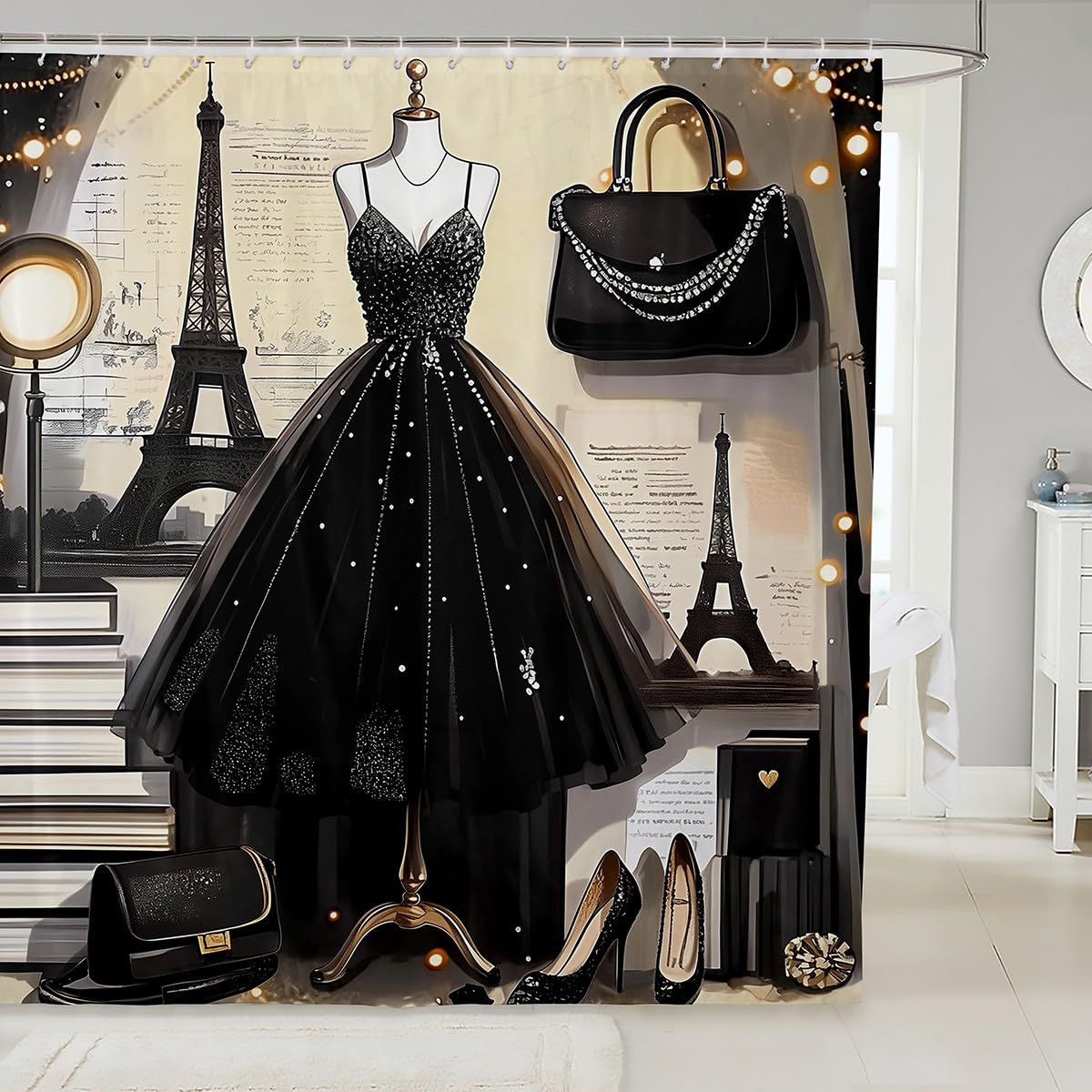 Fashion Dress Shower Curtain Set Fashion Girly Black Dress Bath Curtain, Eiffel Tower Paris Style Bathroom Decor Romantic Makeup Themed Women Perfume