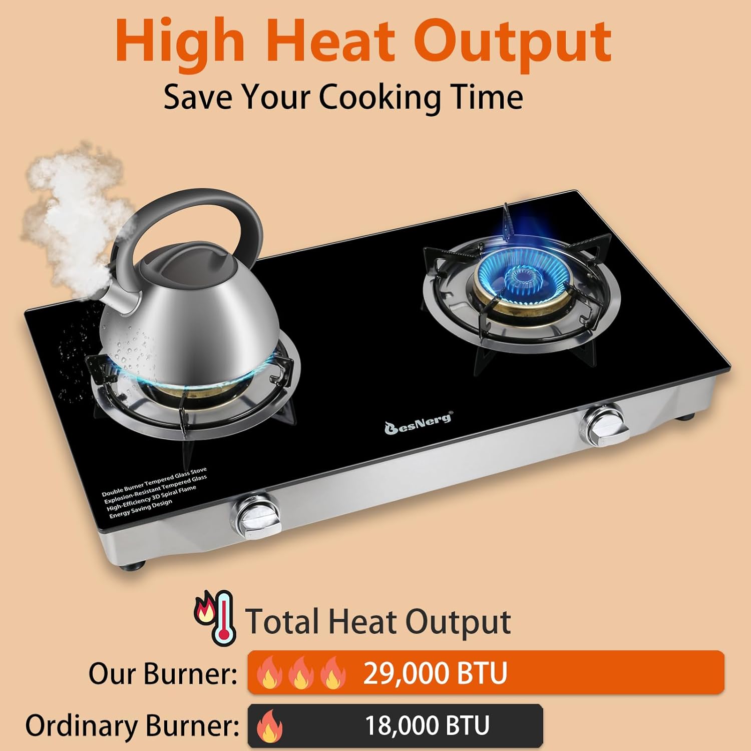 2 Burner Propane Gas Stove, 29,000 BTU High-Efficiency Auto Ignition Heavy-Duty Tempered Glass Cooktop, Includes CSA Regulator & Hose, for Outdoor Camping & Emergencies