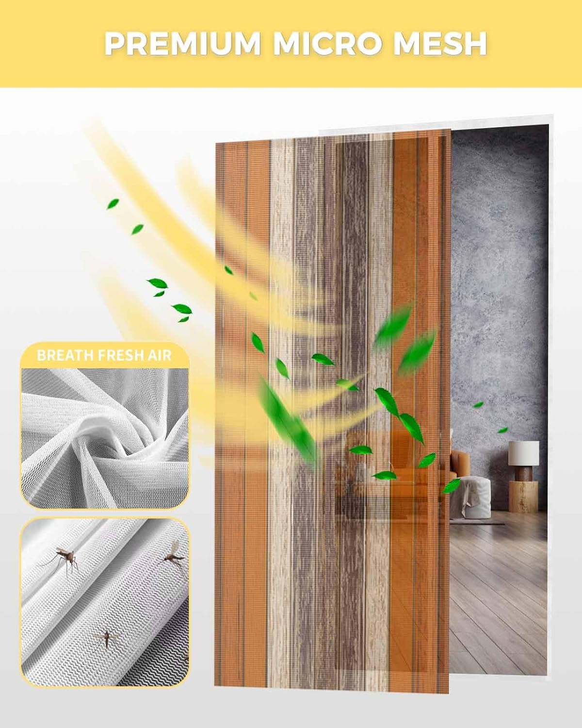 Amber Orange Brown Wood Magnetic Screen Door, Modern Vintage Wooden Hands Free Screen Mesh Size 38" x 83", Reinforce Heavy Duty Mesh Screen Doors for Patio/Front/Sliding Door
