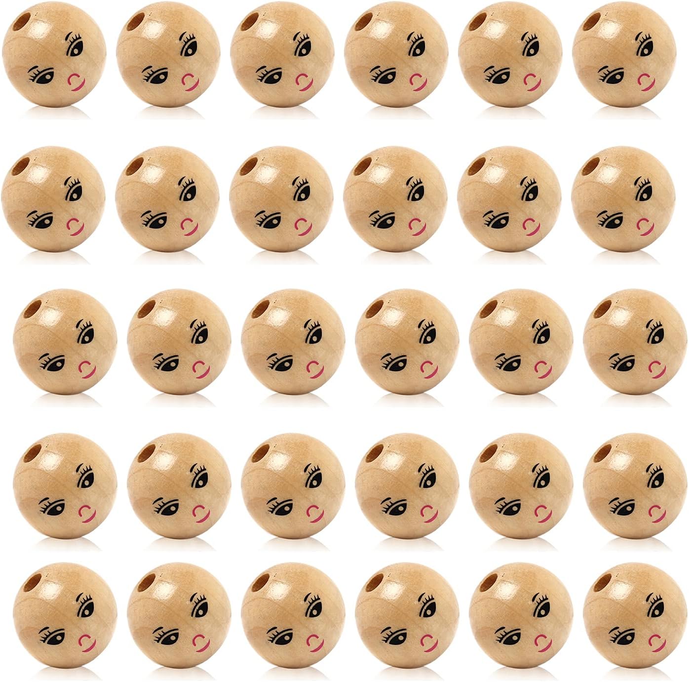 22mm Wooden Round Beads, 30PCS Natural Wood Loose Beads with Smile Face, Spacer Beads for DIY Craft Jewelry Bracelet Necklace Making