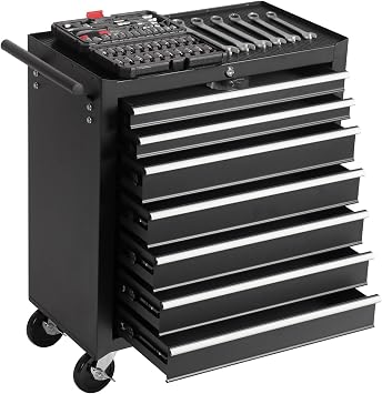 7-Drawer Rolling Tool Chest Cabinet, Large Capacity Metal Tool Box with Wheels and Keyed Locking, Roll Around Storage Organizer Tool Cart for Garage, Warehouse, Work Shop Black