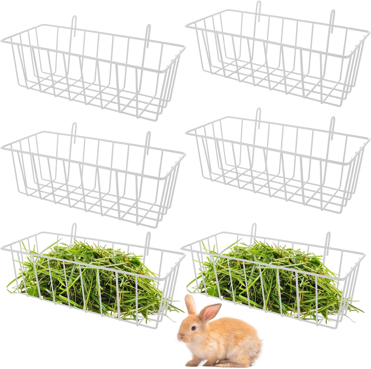 6PCS Heavy Duty Metal Rabbit Hay Feeder Rack with Hooks, 9x4x3 Inch Cage Hanging Holder for Bunnies and Guinea Pigs (White)