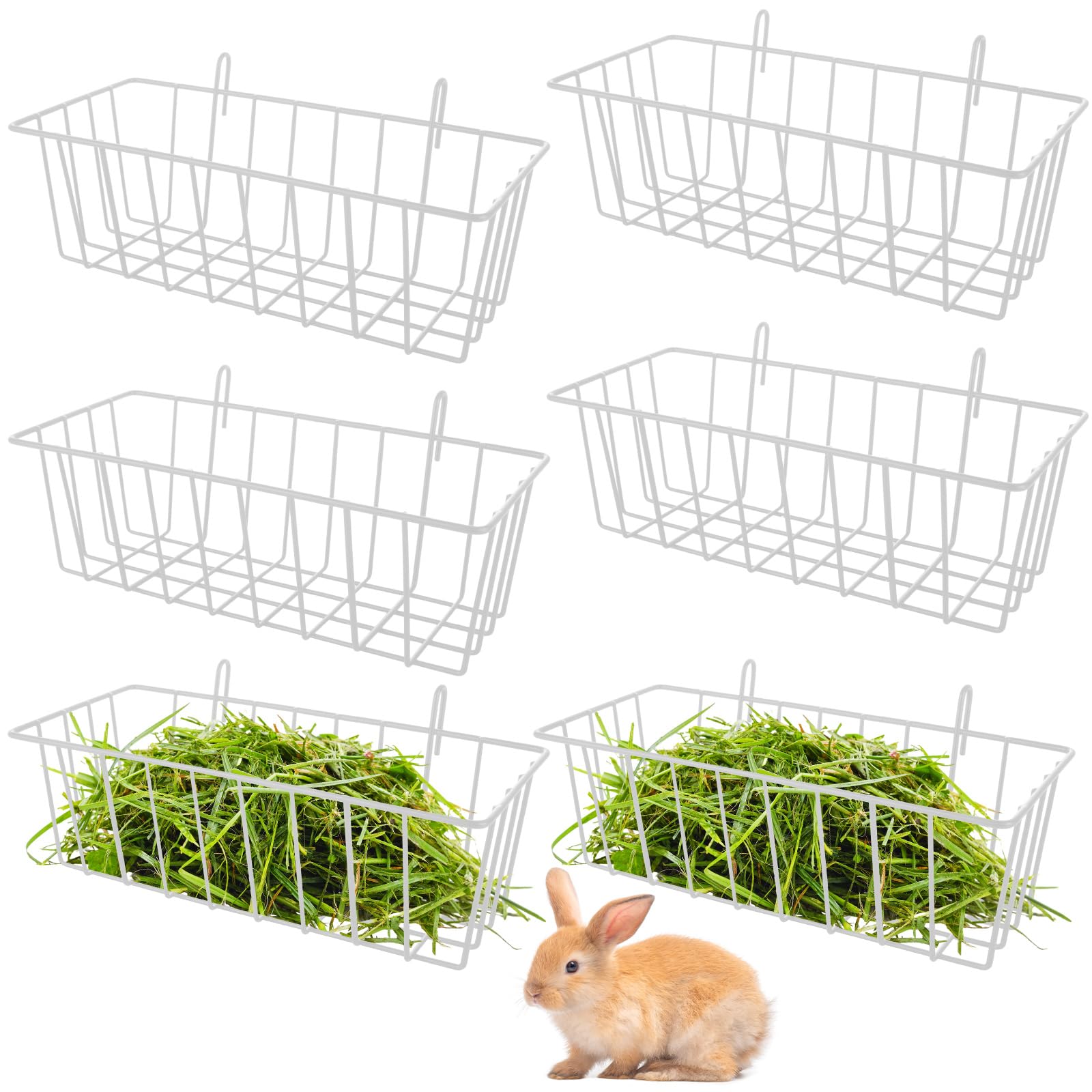 6PCS Heavy Duty Metal Rabbit Hay Feeder Rack with Hooks, 9x4x3 Inch Cage Hanging Holder for Bunnies and Guinea Pigs (White)