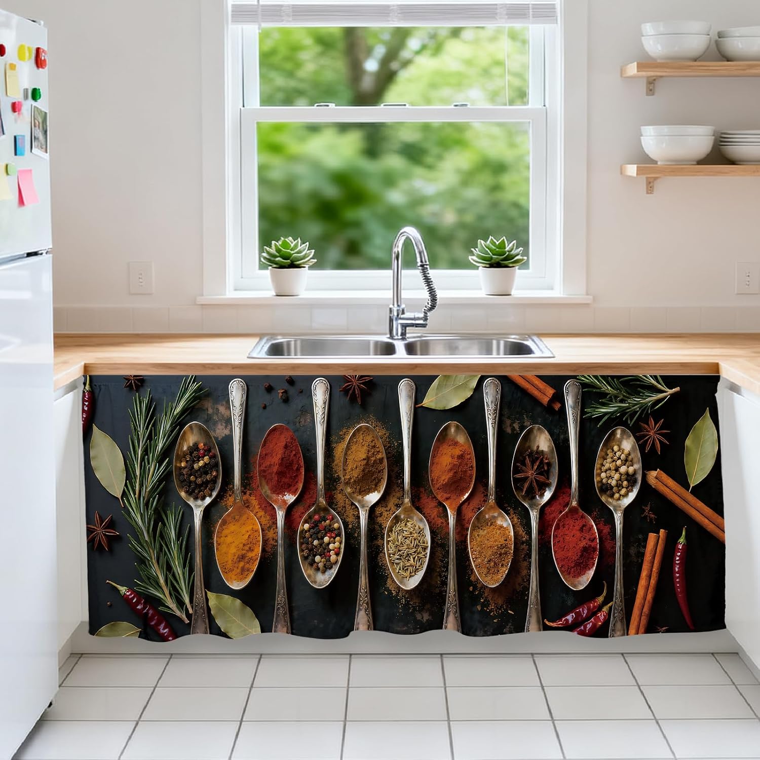 Seasonings Cabinet Curtains 51.2 Inch Long Sink Skirts Curtain for Kitchen Spices Spoon Cabinet Curtains for Bedroom Bathroom Laundry Room