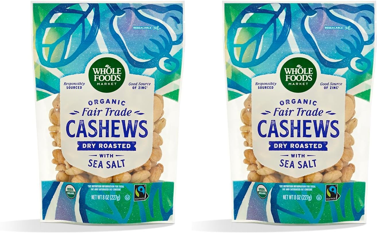 Whole Foods Market, Cashews Dry Roasted Sea Salt Fair Trade Organic 8 Ounce (Pack of 2)