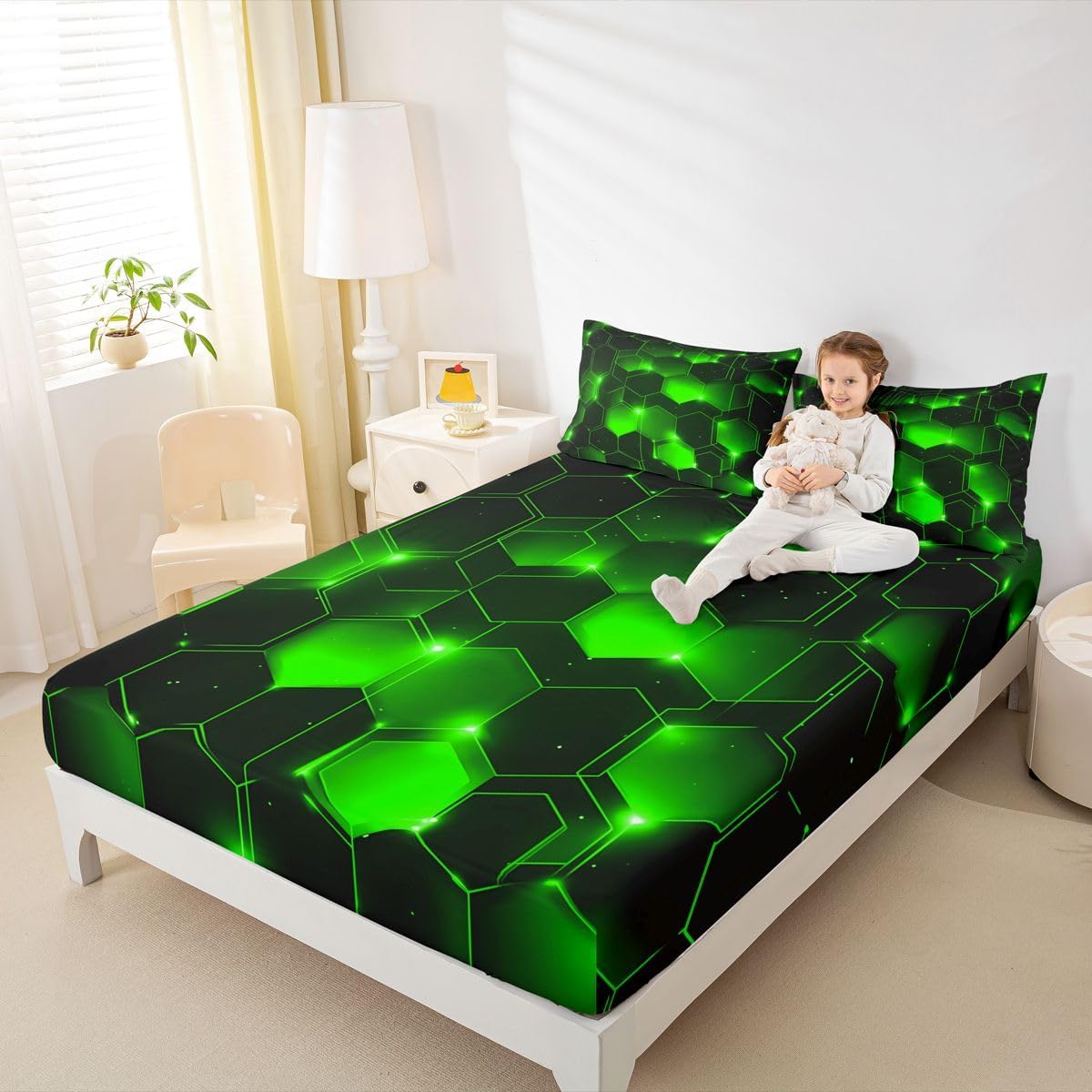 Feelyou Geometrics Honeycomb Bed Sheets Set Kids Toddler Full, Beehive Geometric Sheet Set Honeycomb with Green Yellow Neon Lights Sheets with Deep Pocket Fitted Sheet Hexagonal Bedding Set Full Size