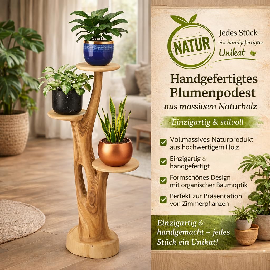 Blumenständer Blumentreppe Blumenpodest Blumenhocker Pflanzen Blumen Treppe Holz Massivholz Suar mit 3 Ablagen Höhe 95cm Pflanzenetagere Pflanzenständer