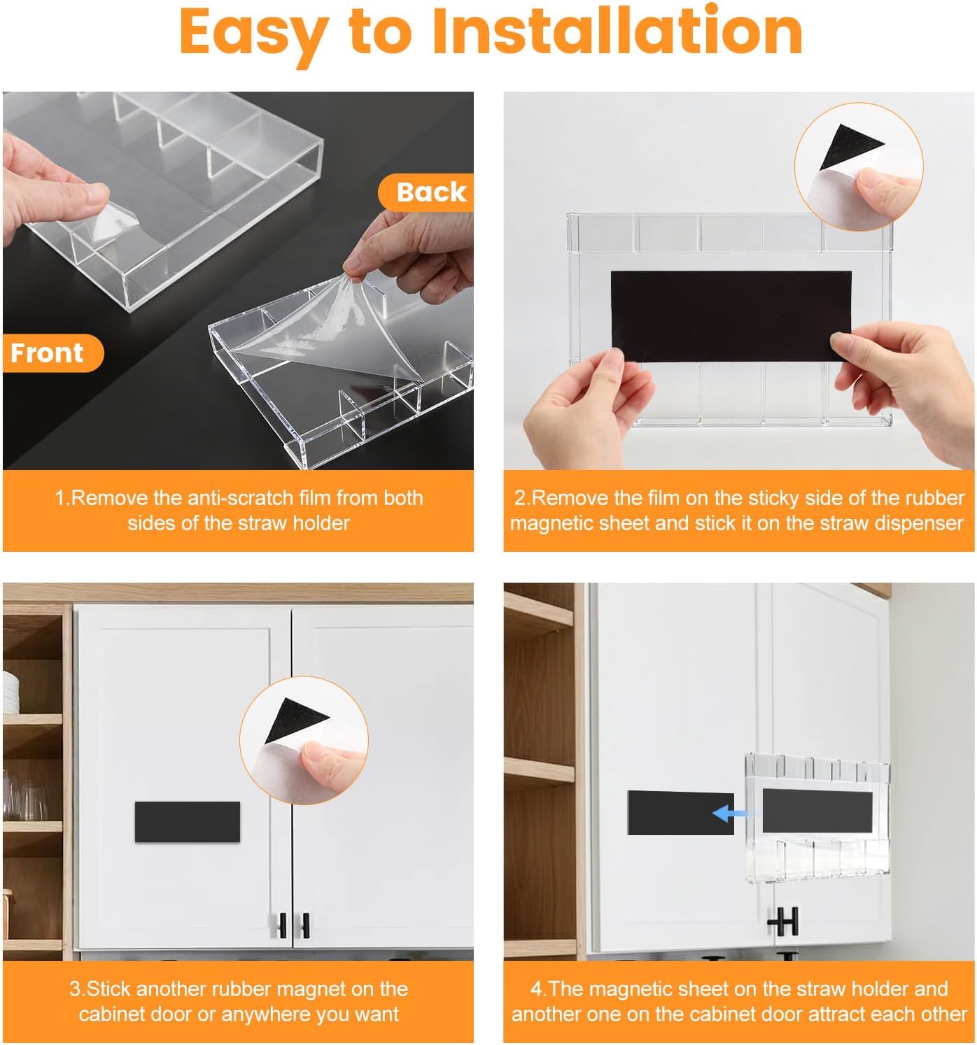 Acrylic Straw Holder, Straw Organizer Dispenser with Two Pieces Rubber Magnet Sheets, Drinking Straw Storage Holder for Cabinet Door Fridge Counter Kitchen Office(White)