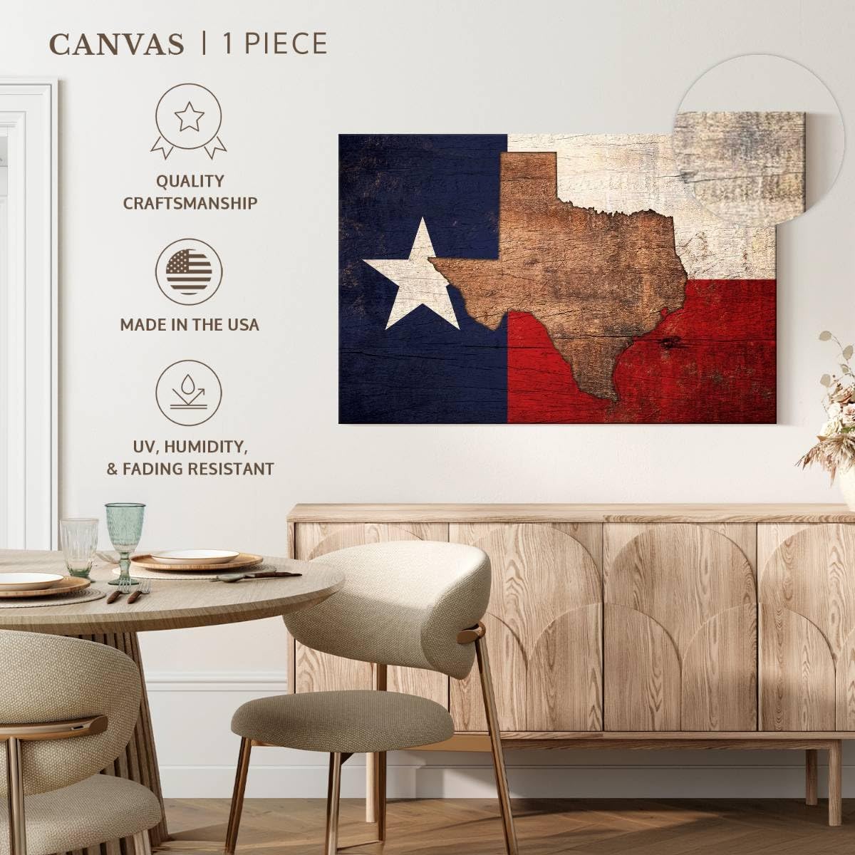 ElephantStock State Map Over Texas Flag Wall Art - Horizontal Wrapped Canvas - 1-Piece Living Room Wall Decor - Digital Art Americana Canvas Print - Beige and Blue Wall Decor - 30" X 20"