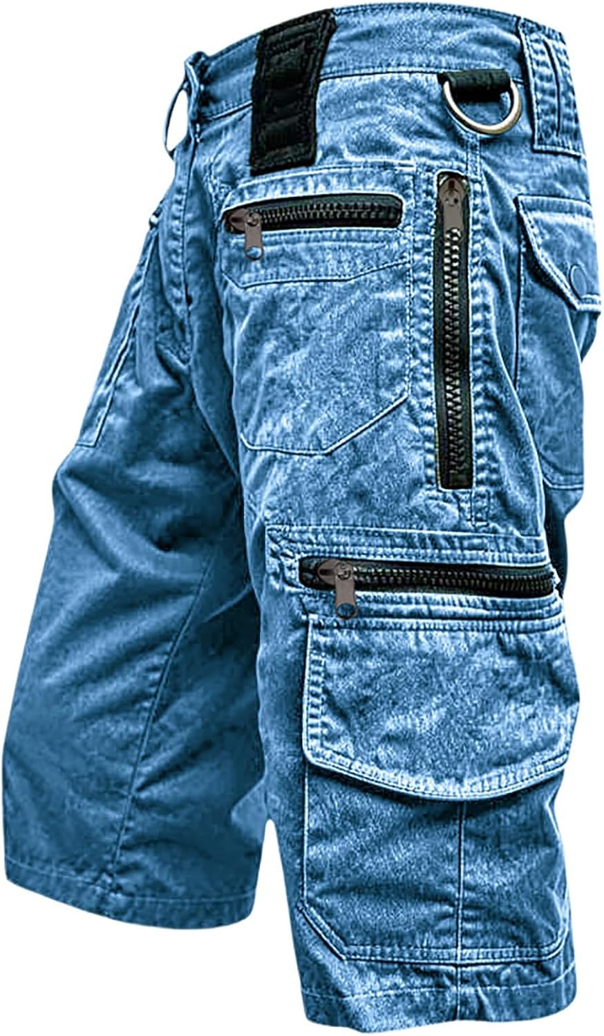 Men's Cargo Shorts 3/4 Length Water Washed Distressed Hiking Shorts with Multiple Pockets