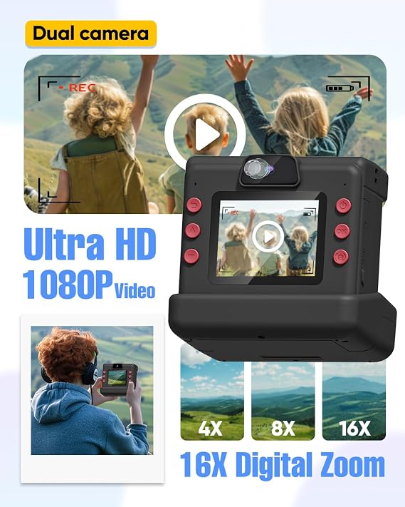 كاميرا طباعة فورية للأطفال،كاميرات أطفال مزدوجة العدسة بشاشة 2.4 بوصة، هدايا عيد الميلاد للفتيات من سن 3 إلى 12 عامًا، لعبة محمولة للأطفال الصغار من سن 3 إلى 5 سنوات (أسود)