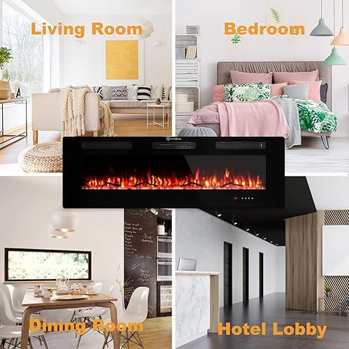 Vista 8 de 60" Electric Fireplace, Cool to The Touch Fireplace Heater, Recessed and Wall Mounted Fireplaces with Timer Remote Control Adjustable Flame